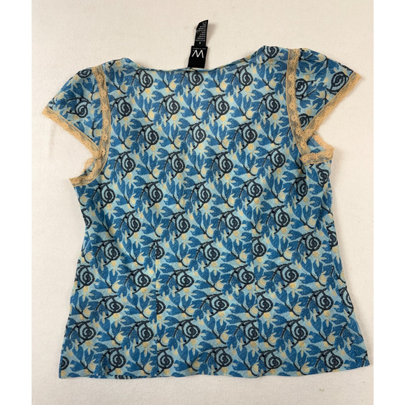 Boho Chic Blue Floral Lace Trim Cap‎ Sleeve Top Women's M Vintage - Picture 2 of 9
